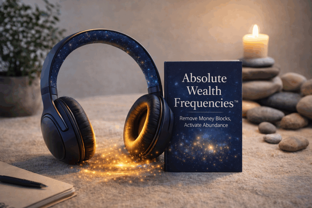 Reviewer showcasing Absolute Wealth Frequencies during an in-depth review focused on removing money blocks and activating abundance
