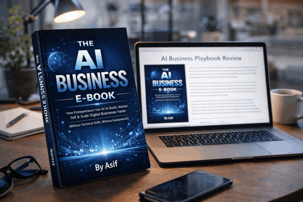 Reviewer showcasing The AI Business Playbook alongside a laptop displaying a detailed review about using AI strategically for business growth