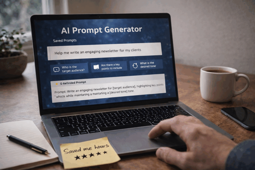 Reviewer demonstrating the AI Prompt Generator designed to create perfect prompts for ChatGPT and DeepSeek