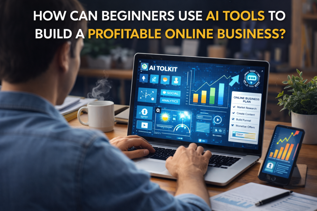 Beginner using AI tools on laptop to build profitable online business