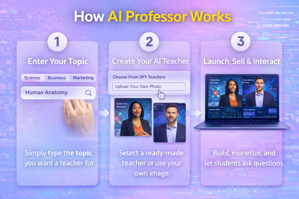 Infographic explaining how the AI teaching platform works in three steps: enter topic, create AI teacher avatar, and launch interactive lessons with student Q&A support.
