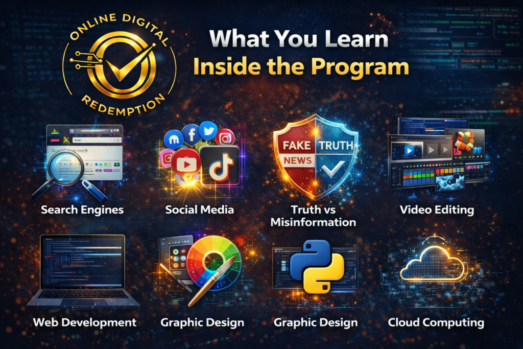 Visual overview of key digital skills taught inside the Online Digital Redemption program