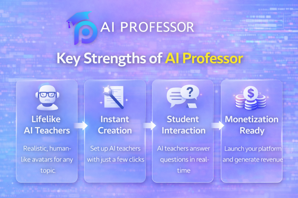 Infographic highlighting the key strengths of AI Professor including lifelike AI teachers, instant creation, student interaction, and monetization ready features on a light blue and purple background.