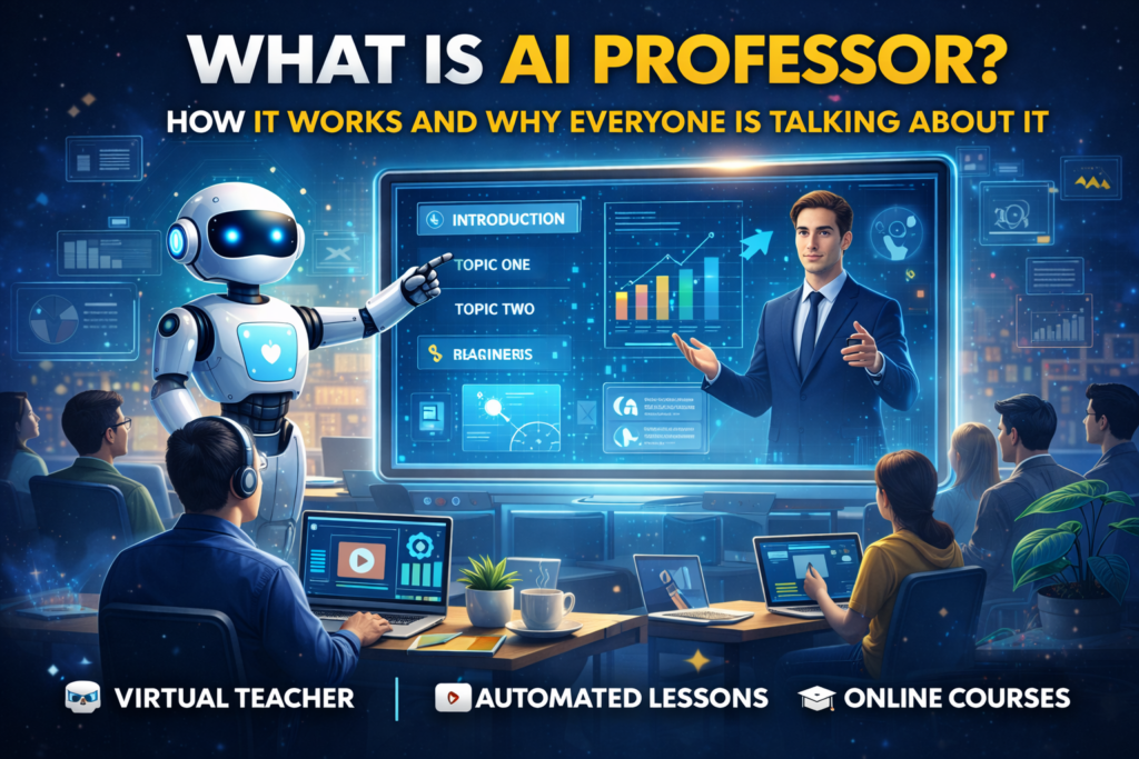 AI Professor virtual teacher presenting lesson on digital screen