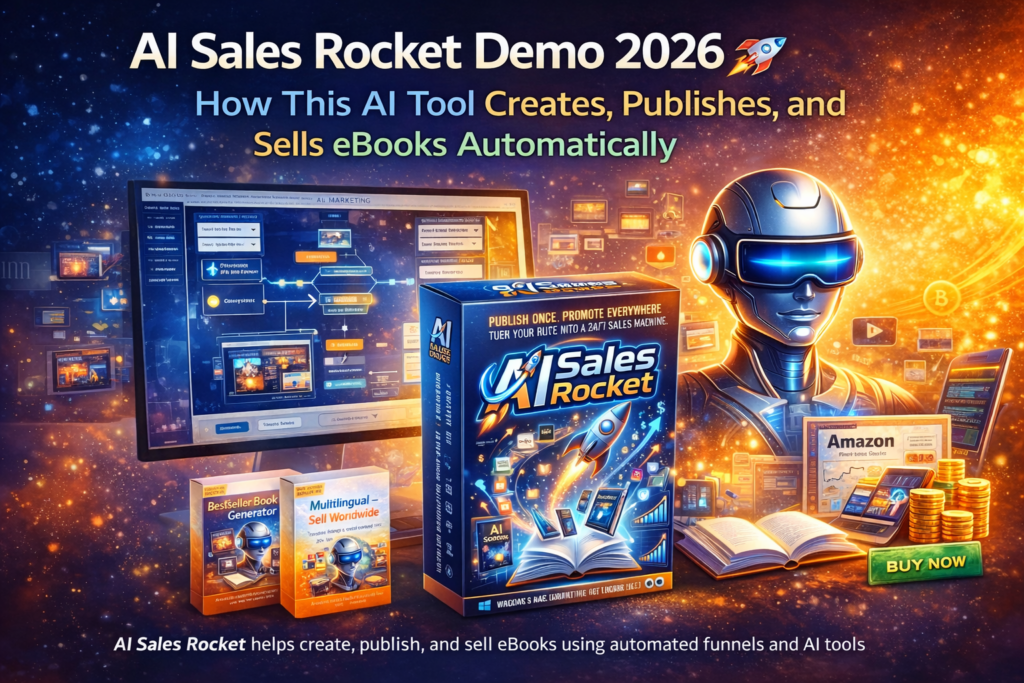 AI Sales Rocket demo showing AI tool creating and selling eBooks automatically