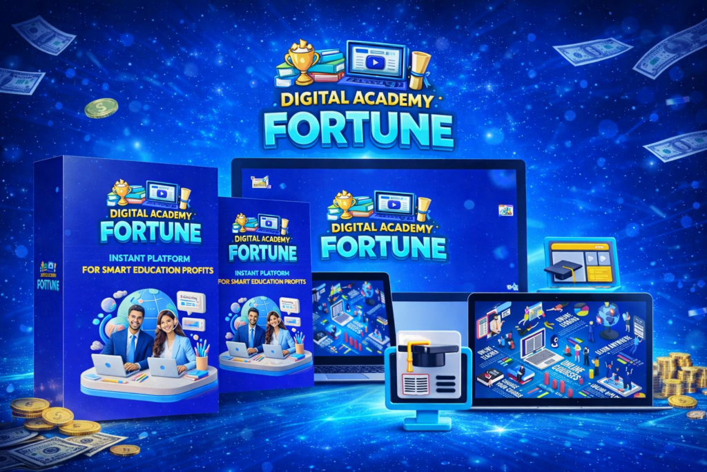 Digital Academy Fortune product image with blue background showing DFY digital academy platform and online course system