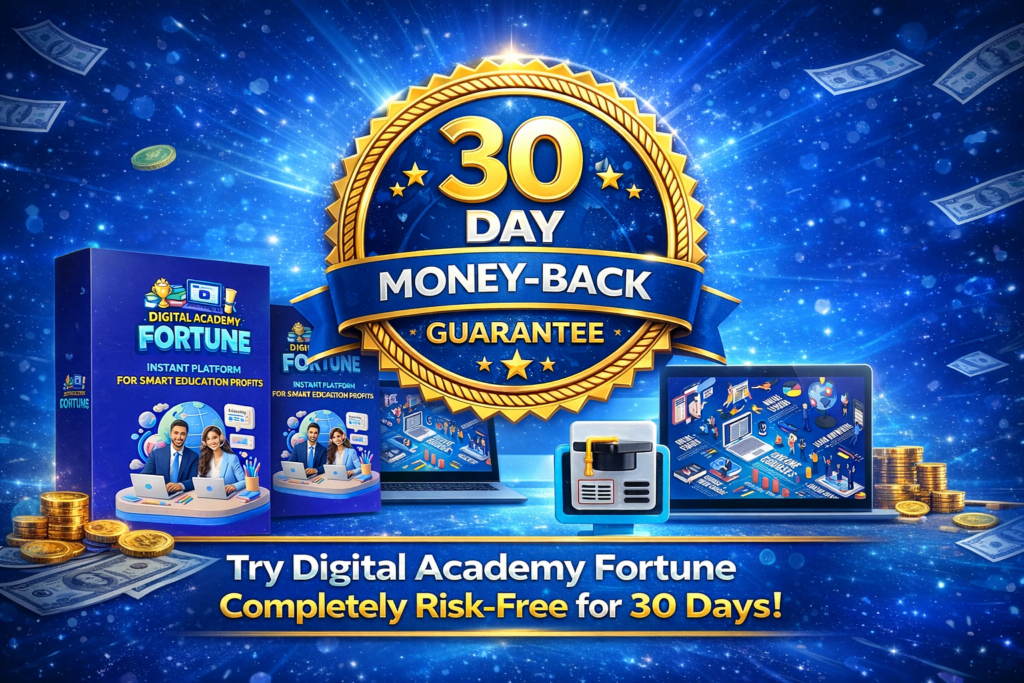 Digital Academy Fortune 30 day money back guarantee badge showing risk free digital academy system purchase