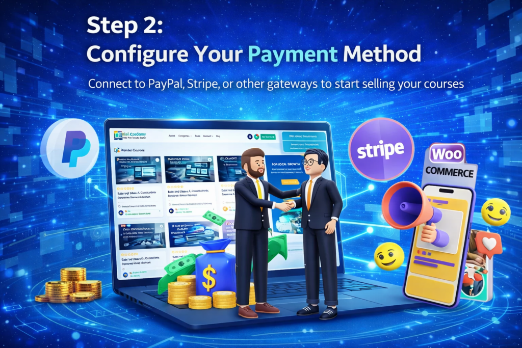 Step 2 configure payment method showing PayPal Stripe WooCommerce setup for Digital Academy Fortune system