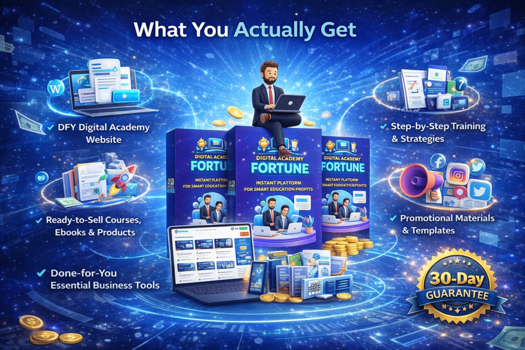 Digital Academy Fortune features image showing what you actually get including DFY academy website courses ebooks tools and training