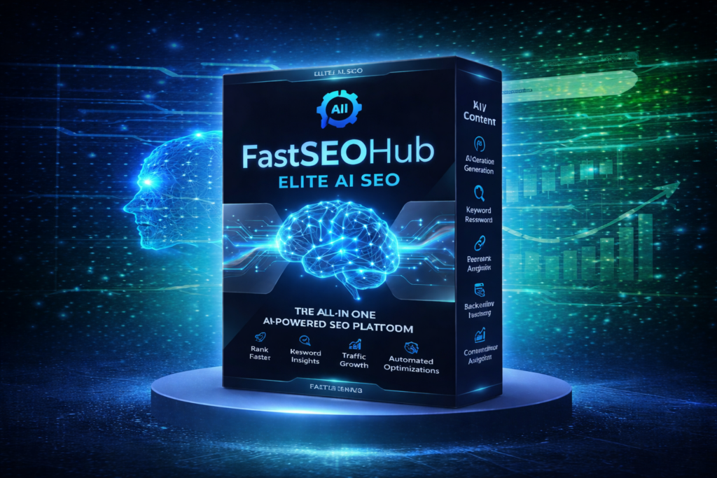 FastSEOHub Elite AI SEO software box with futuristic digital background showing AI-powered SEO platform