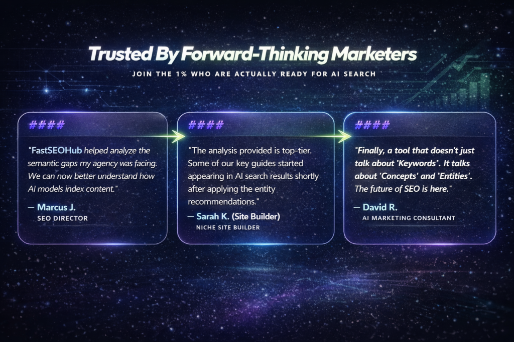 FastSEOHub AI SEO tool testimonials from marketers highlighting AI search optimization results