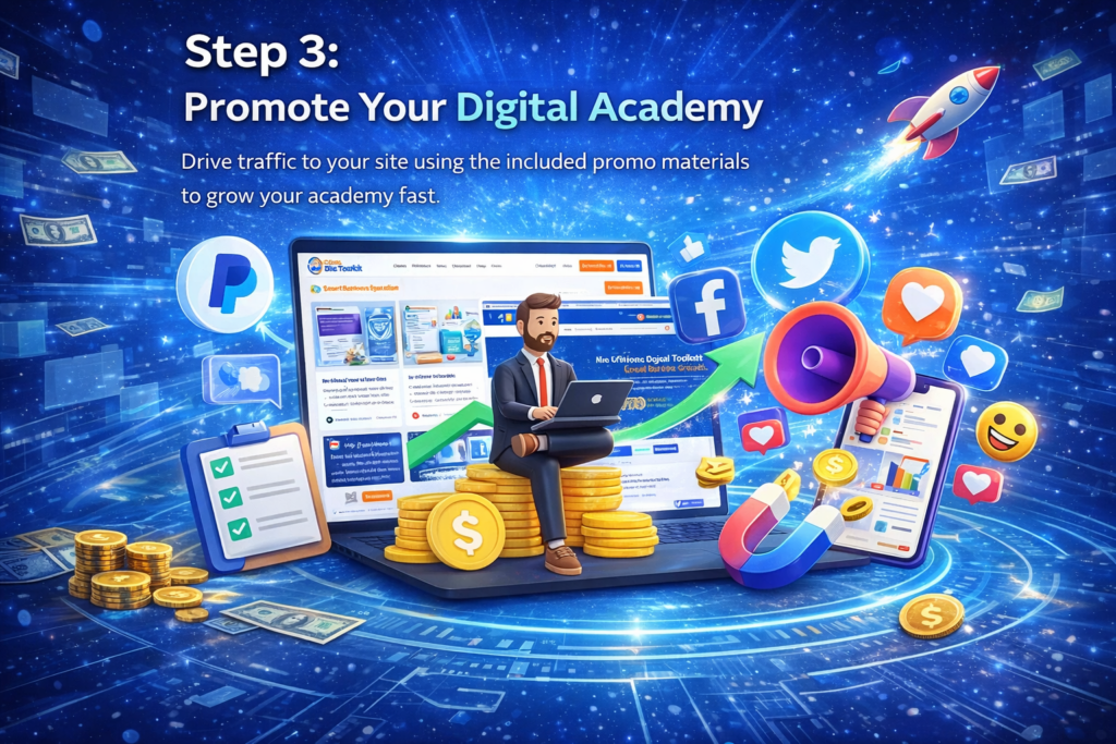 Step 3 promote digital academy showing traffic generation social media marketing and growth for Digital Academy Fortune system