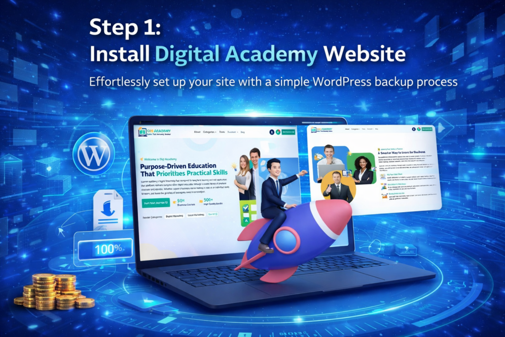 Step 1 install digital academy website showing WordPress setup process with Digital Academy Fortune system
