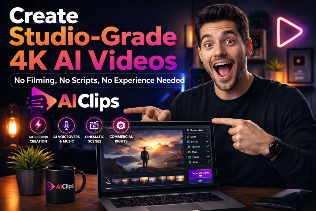 AI Clips review showing Google Veo 3.1 powered AI video creation platform that generates Hollywood style cinematic videos from a single idea or keyword