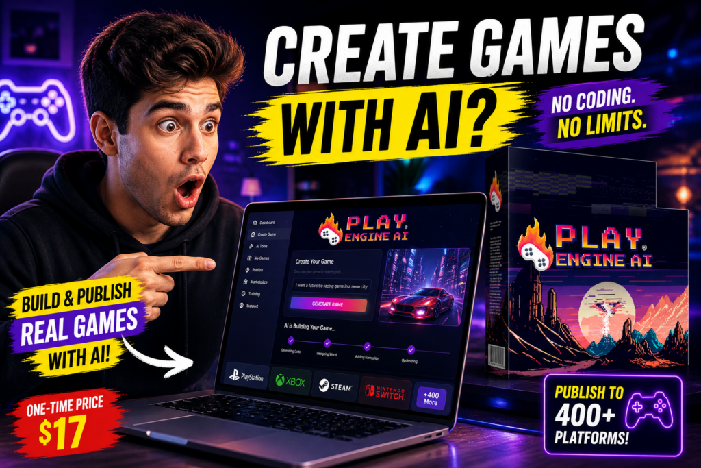 Play Engine AI review showing AI powered video game creation platform that builds and publishes real games to PlayStation Xbox Steam Epic Games and 400 platforms without coding